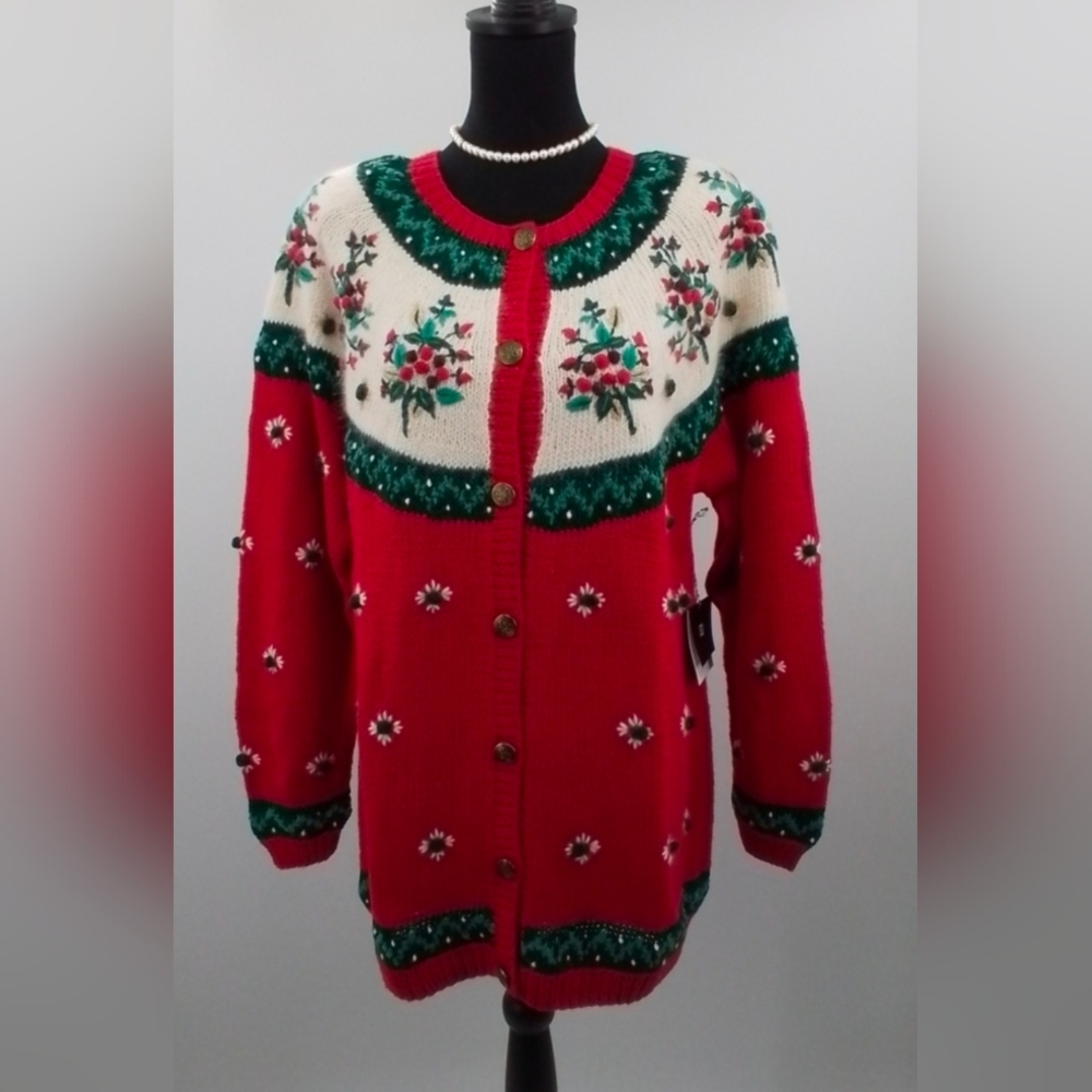 90S NWT Valerie Stevens CHRISTMAS Holiday LONG Cardigan Sweater Holly Sz M